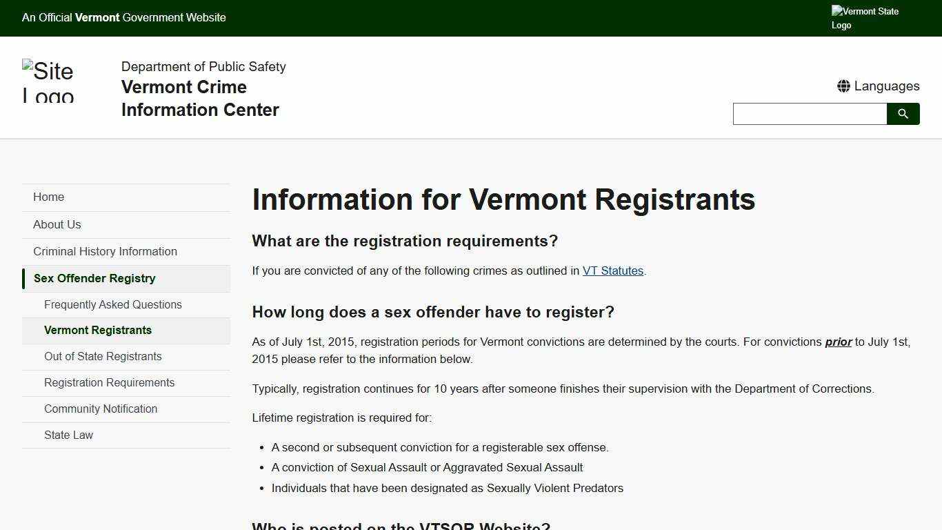 Information for Vermont Registrants Vermont Crime Information Center