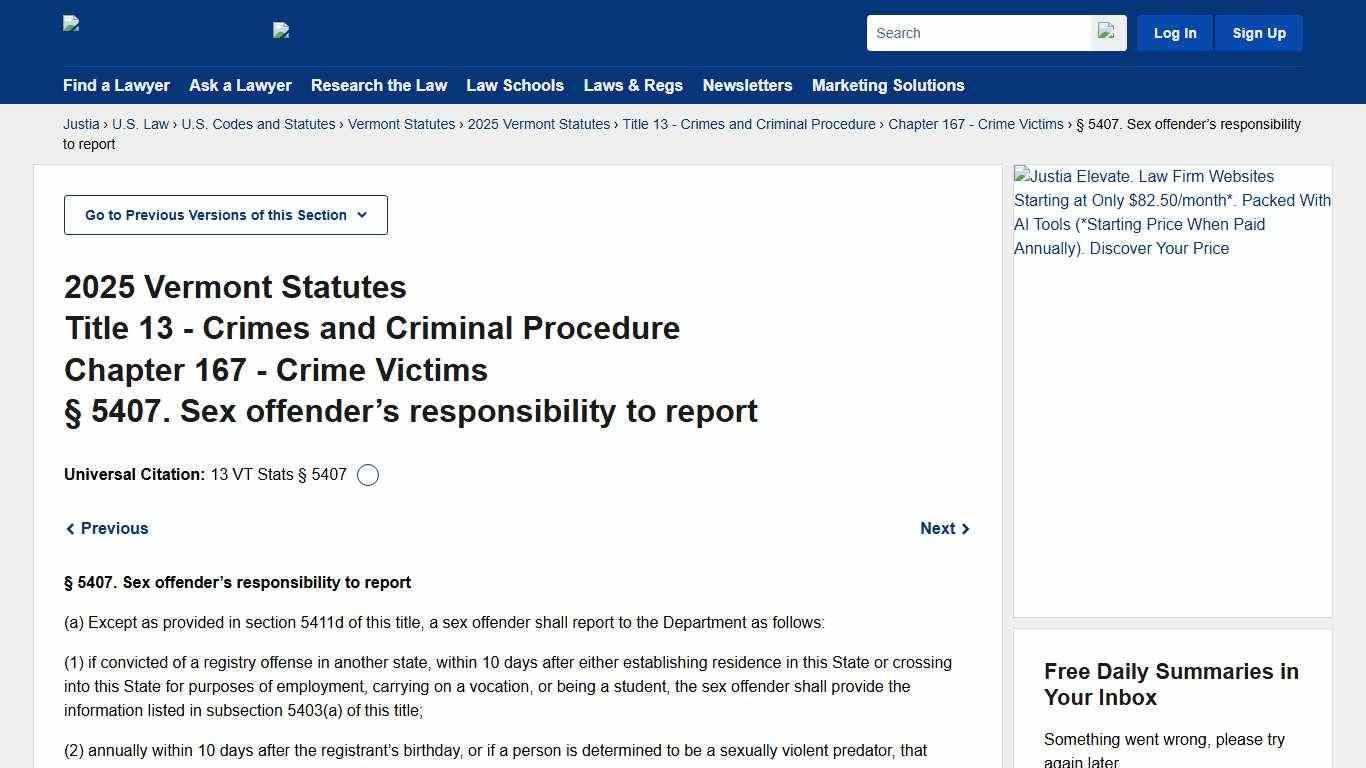 13 Vermont Statutes Annotated § 5407. (2025) - Sex offender’s responsibility to report :: 2025 Vermont Statutes :: U.S. Codes and Statutes :: U.S. Law :: Justia